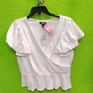 Express White Wrap Ruffled Peplum Blouse